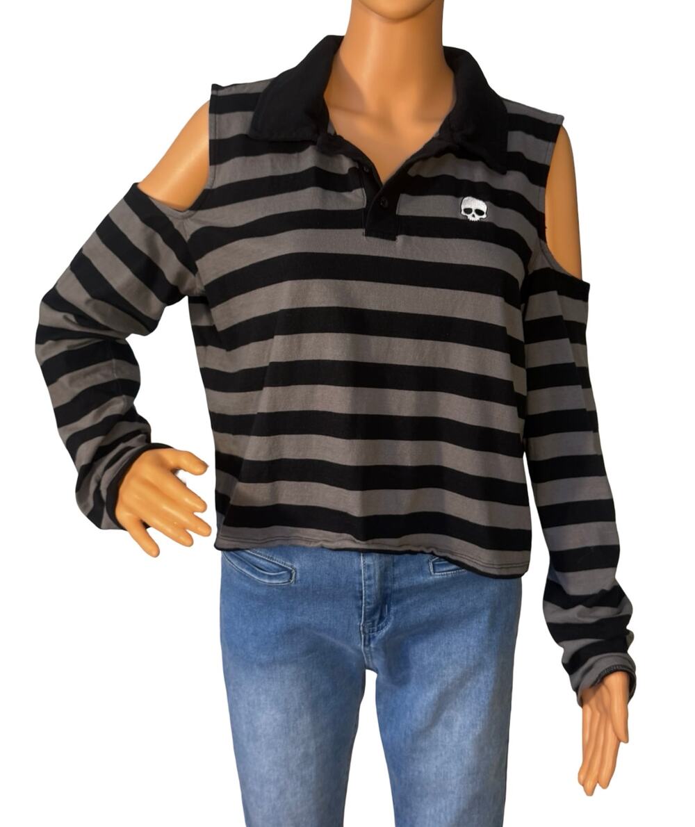 Hot Topic Black Gray Stripe Skull Cold Shoulder Polo Shirt XL Goth Punk Y2K